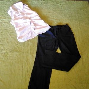 Pink and white penstripe ruffle see sleeveless top with navy blue trouser